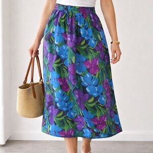 Vintage Silk Floral Midi Skirt Elastic Waist Perspective Sport Size L